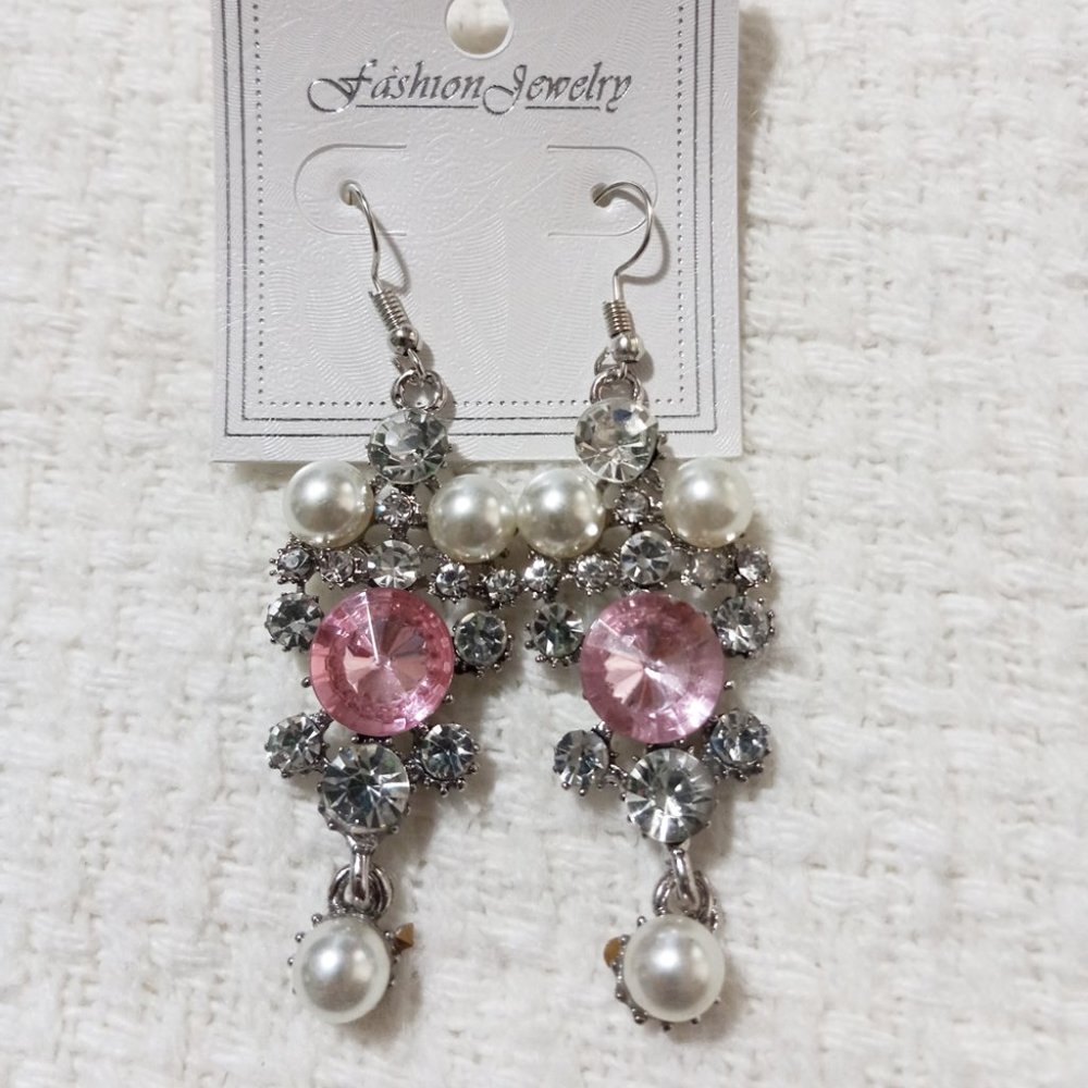 3/$18 - Pink Crystal Stone Earring w/ Gemstone & Pearls - Mix & Match